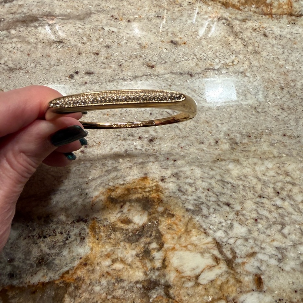 Michael Kors Gold Tone Tribal Hinged Bangle Bracelet with Pave Crystal Details